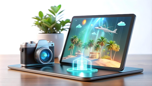 Photo 3d tablet with holographic ai travel tips and holiday icons minimalist desk setup isolated white