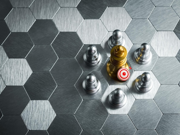 3d target icon with golden pawn standing center in group of silver pawn chess pieces on hexagon pattern background with space Leadership goal partnership influencer business strategy concepts