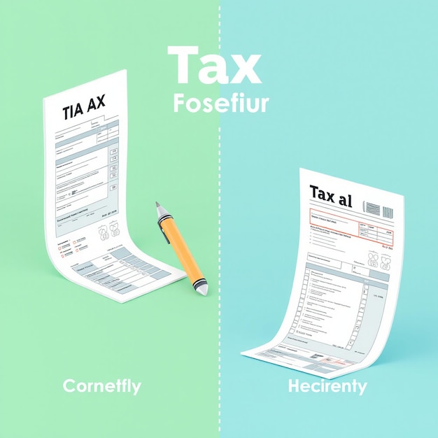 Photo 3d tax form illustration correct and incorrect filing for financial management