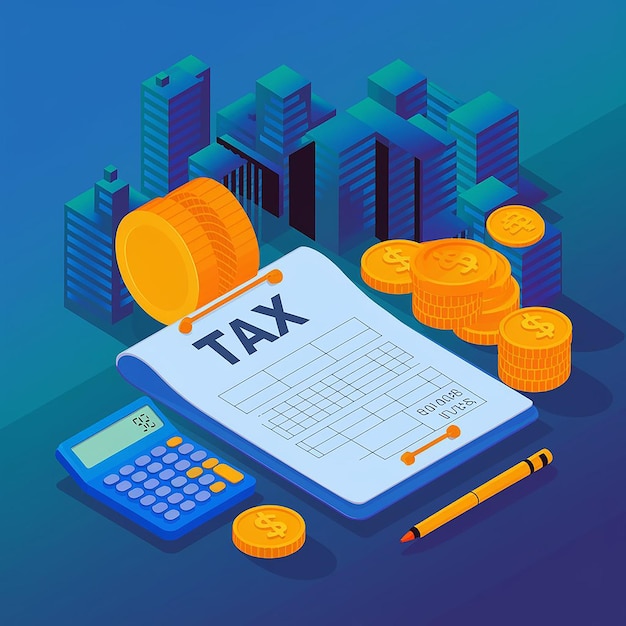 Photo 3d tax payment composition with calculator money coins and tax form for annual financial accounting illustration