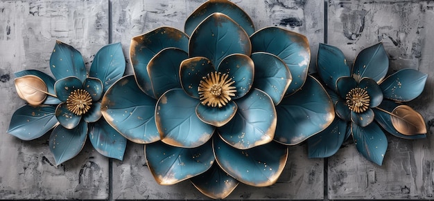 3d teal blue flower turquoise leaves and golden lines on grey marble background wall art design