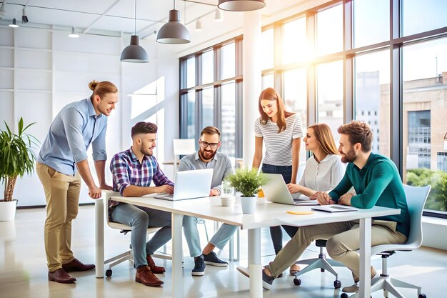 3D Team Candidly Brainstorming New Product Ideas in Open Office Space Concept