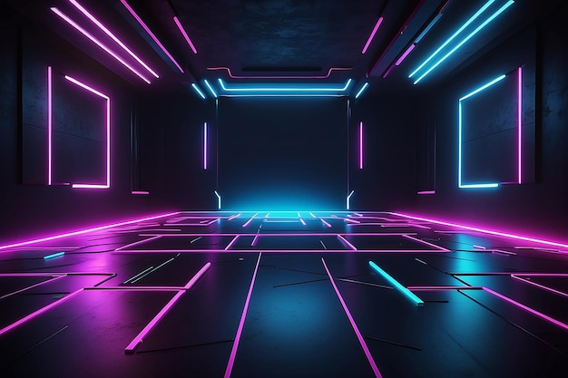 3d technology abstract neon light background empty space scene spotlight dark night virtual reality cyber futuristic scifi background street floor studio for mock up colored geometric