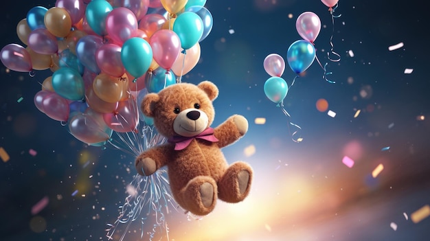 Photo a 3d teddy bear in flight holding onto a cluster of shimmering balloons