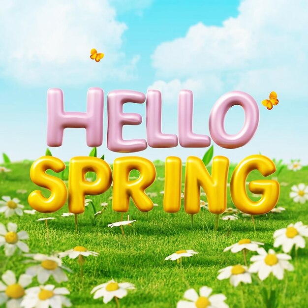 3D text effect Hello Spring with natural spring background