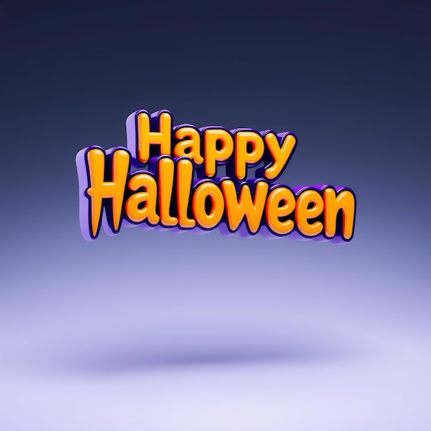 Photo 3d text happy halloween in orange and purple colors against a blue background