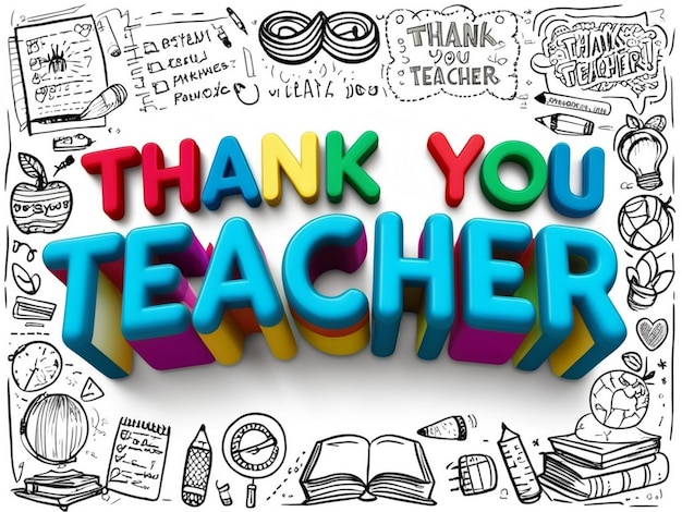 Photo 3d text sign of thank you teacher on beautiful educational doodles background