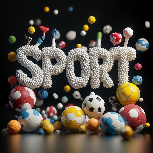 Photo 3d text sport consisting of balls and sports equipment