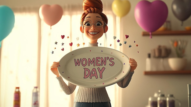 Photo 3d text womens day illustration of a woman holding a flower