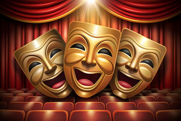 Photo 3d theatre masks for tragedy drama and comedy cinema movie ticket icon ready for watch 3d comedy movie in theatre media film for entertainment 3d cinema mask icon vector render illustration