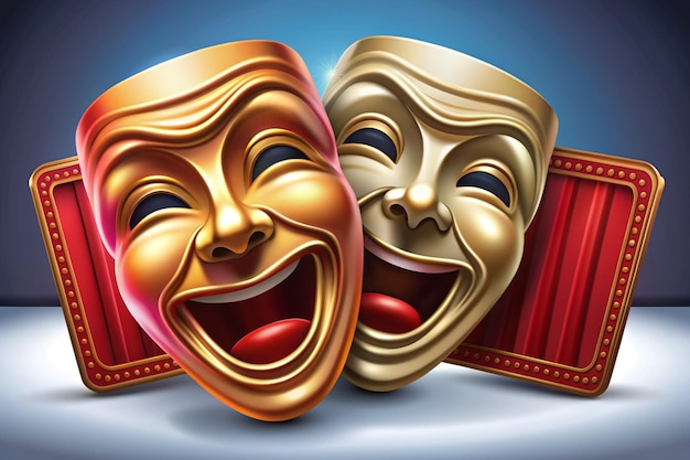 Photo 3d theatre masks for tragedy drama and comedy cinema movie ticket icon ready for watch 3d comedy movie in theatre media film for entertainment 3d cinema mask icon vector render illustration