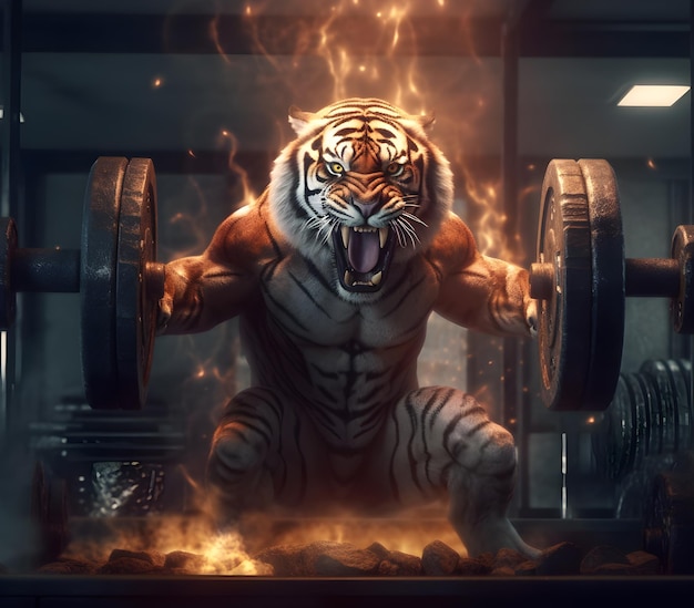 3D Tiger Working Out in Old Gym Lifting Weights Ai Generated