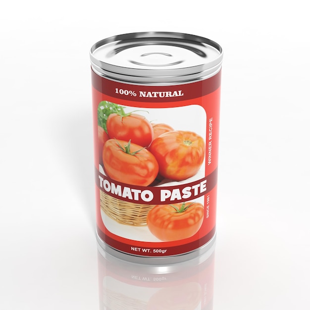 3D tomato paste metallic can isolated on white