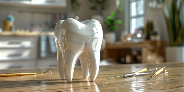 3D tooth model alongside various dental tools on a sterilized clinic surface