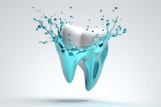 3D Tooth With Splash Of Water Around It On White Background Generative AI