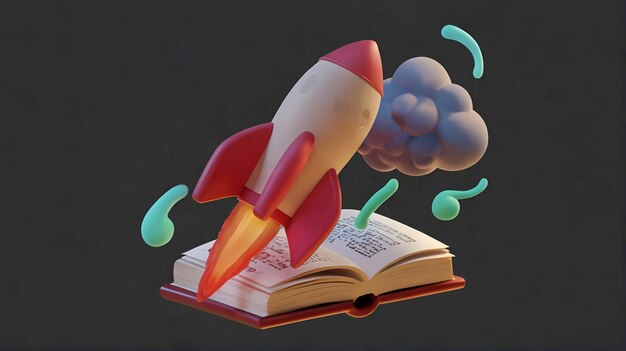 3D toy rocket launches from the books and begins to spew smoke