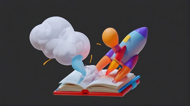 3D toy rocket launches from the books and begins to spew smoke