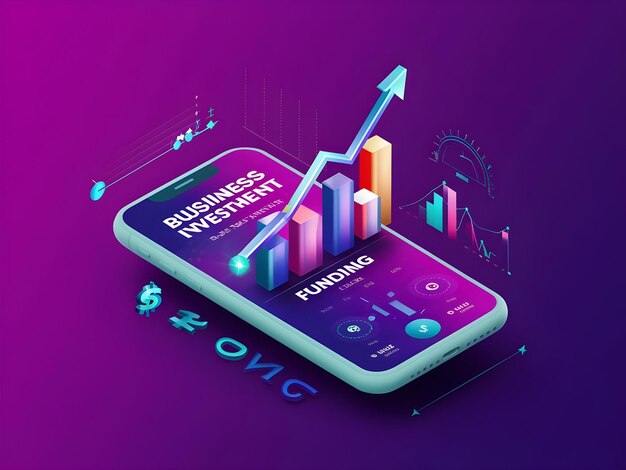 3D trading on smartphone business graph isolated on purple background