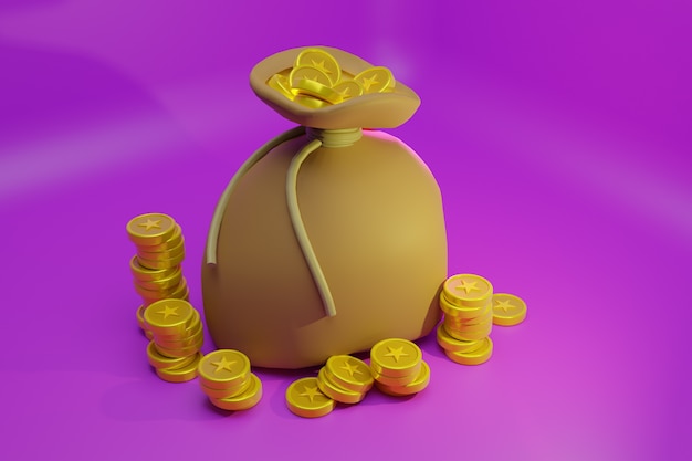 3D Treasure Bag Gold Illustration