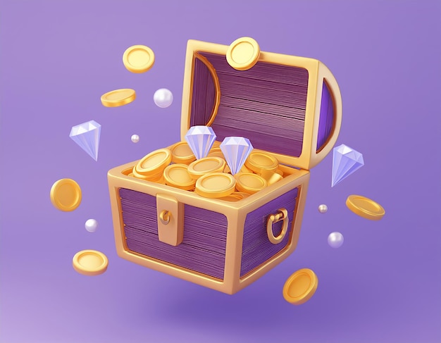 3D treasure chest overflowing with gold coins and diamonds 3D render