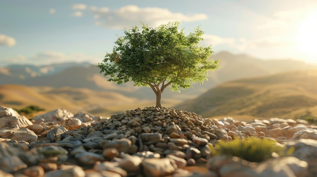 3D tree in a landscape emphasizing land restoration and efforts to address desertification and drought for World Environment Day 2024