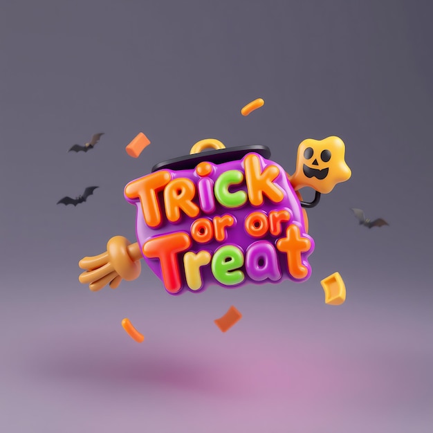 Photo 3d trick or treat text with a witchs hat and candy