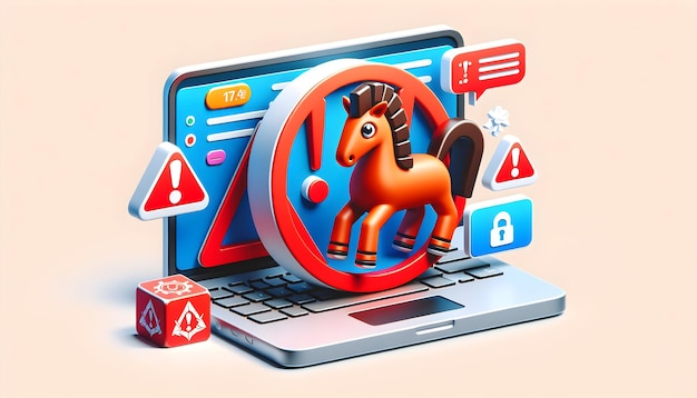 3D Trojan Horse Alert Sign Hidden Dangers in Software Cyber Security Theme Isolated White Backgro