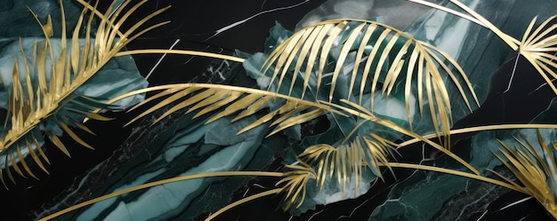 3d tropical leaves on emerald marble in black and white colors with gold elements background wallpa