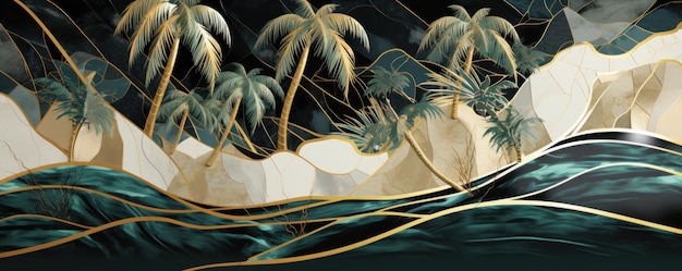 3d tropical leaves on emerald marble in black and white colors with gold elements background wallpa