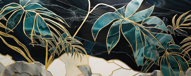 3d tropical leaves on emerald marble in black and white colors with gold elements background wallpa