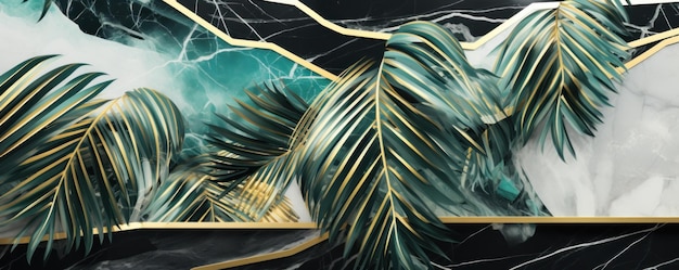 3d tropical leaves on emerald marble in black and white colors with gold elements background wallpa