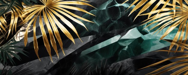 3d tropical leaves on emerald marble in black and white colors with gold elements background wallpa