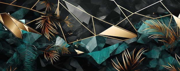 3d tropical leaves on emerald marble in black and white colors with gold elements background wallpa