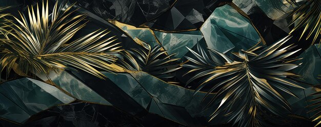 3d tropical leaves on emerald marble in black and white colors with gold elements background wallpa