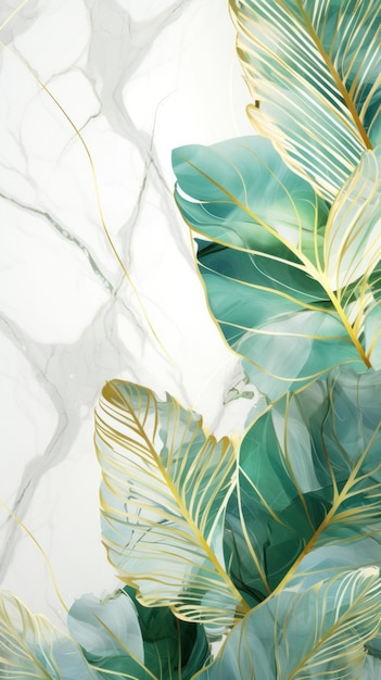 3d tropical leaves on emerald marble in white colors with gold elements background wallpa