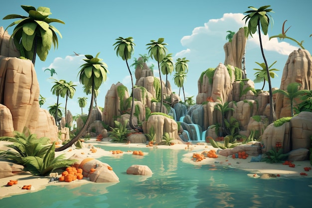 Photo 3d tropical palm tree island landscape