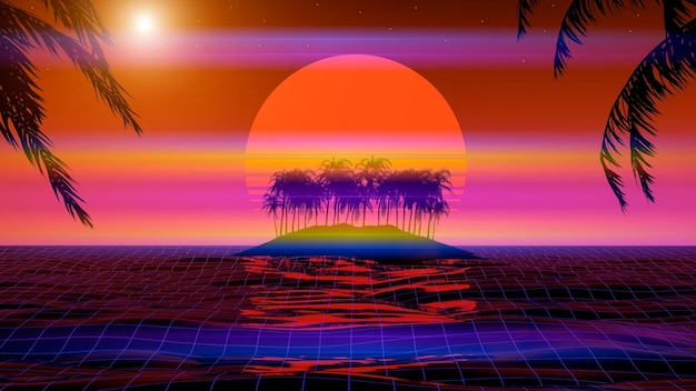 3d tropical sunset with island and palm trees Ocean and neon sun in synthwave and new retrowave