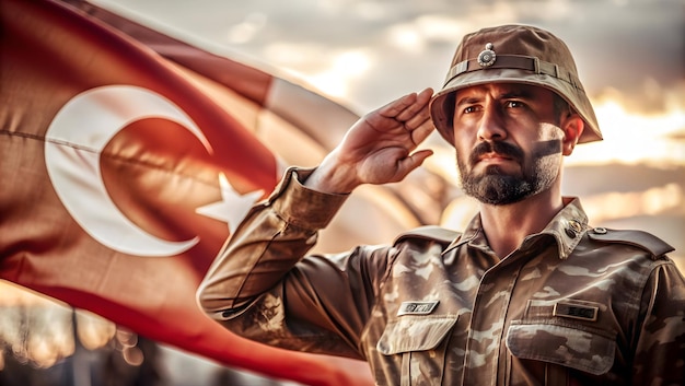 Photo 3d turkish soldier saluting with glossy flag background for 29 ekim concept zoom into patriotic sce