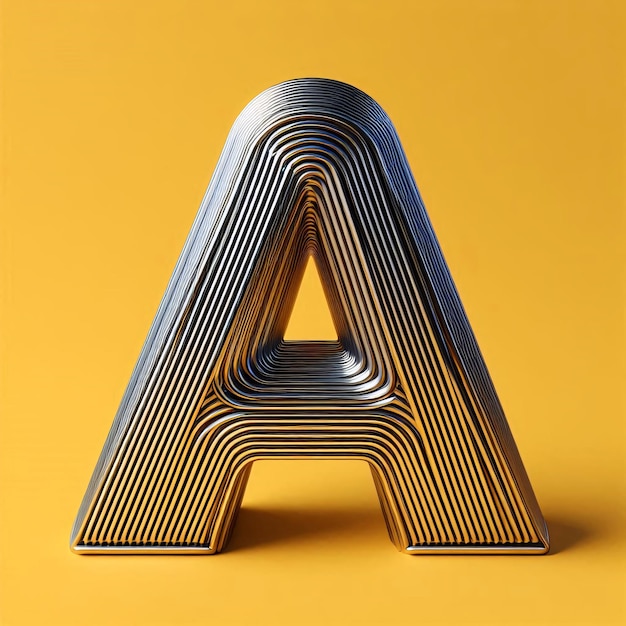 3d typography of the letter A on a yellow background chrome shiny texture ridges minimal