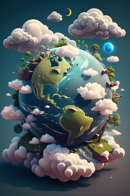 3d ultra realistic cartoon illustration of planet earth surrounded by clouds generative ai