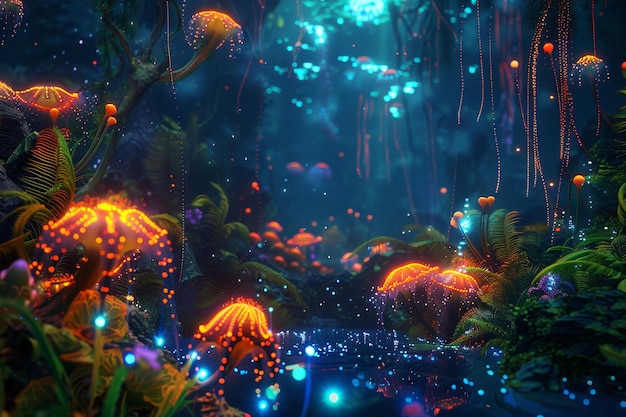 Photo a 3d underwater abyss filled with otherworldly luminescent creatures and glowing plant life