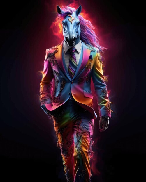 3D Unicorn in business suit with a human body looking serious with a dramatic studio background