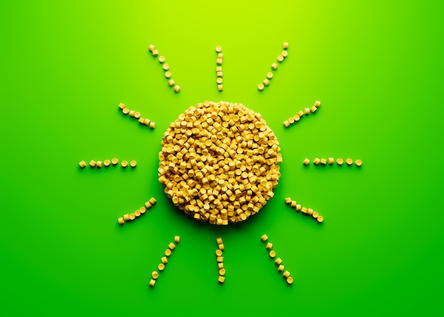 3d Unique Sun With Rays Made Of Yellow Plastic Polymers On Bright Green Background 3d Illustration