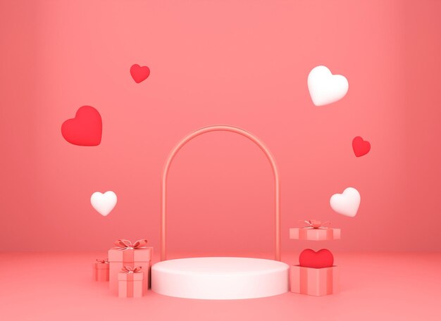 3d Valentine podium stage product showcase with decoration with heart and gift