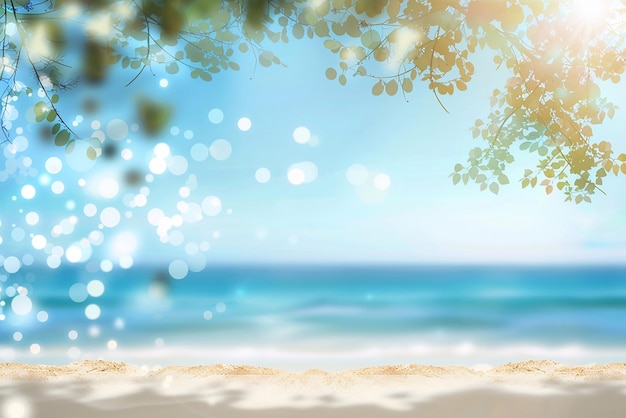 3D vector of a beautiful sandy beach with blurry sky and trees in summer summer travel ideas