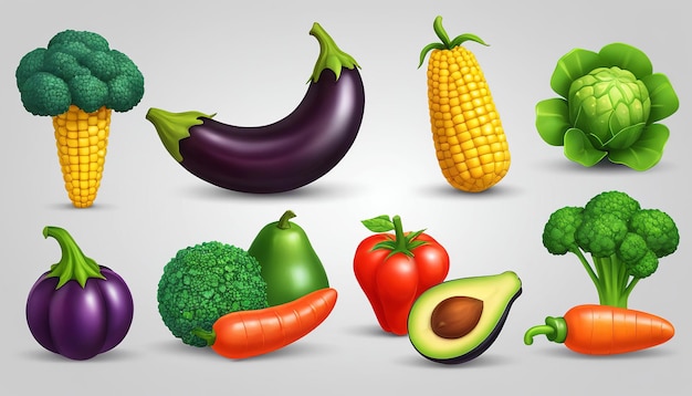 3D Vector Cartoon Icon Set A Variety of Fruits and Vegetables