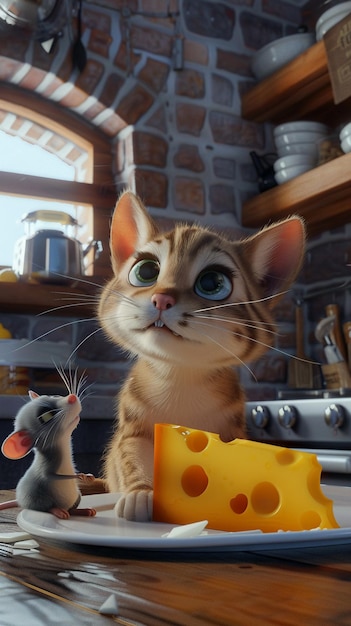 3D vector of a cat and mouse sharing a piece of cheese playful scene in a cozy kitchen