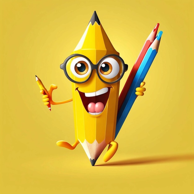 3d vector cute cartoon character funny yellow pencil