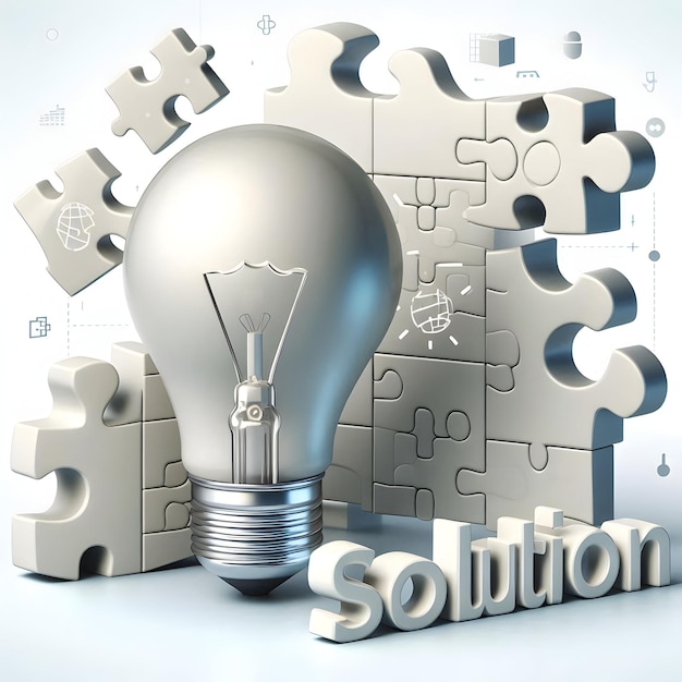 3D Vector Icon Light Bulb and Puzzle Pieces with Solution Text Operational Management Concept