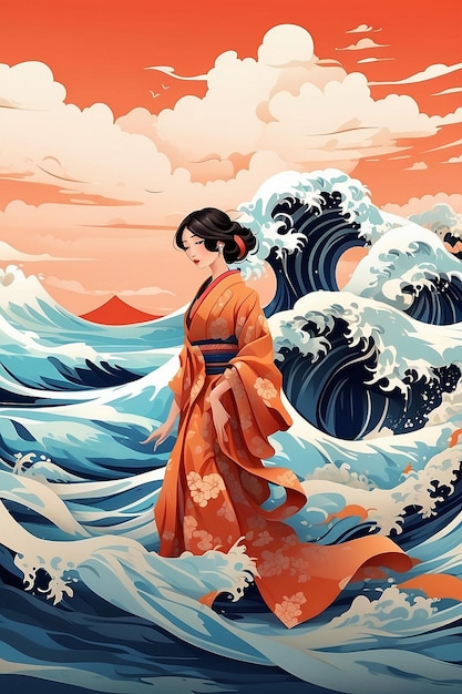 3D vector image of Japanese waves